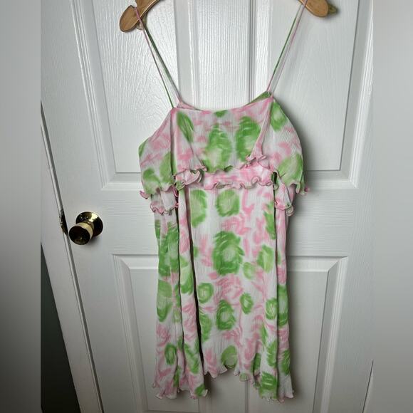 GANNI Womens Pink Green Pleated Ruffle Georgette Strap Mini Dress Sz S - Picture 4 of 9